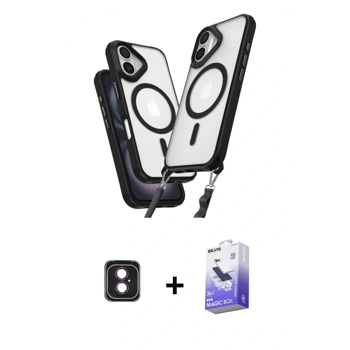 MARSİLYAN™- iPhone 16 Kılıf Atlas Doku Koleksiyonu - Siyah Bilvis 5in1 5D Magic Hayalet Cam Ekran Koruyucu + PVD Metal Kamera Lens - PE
