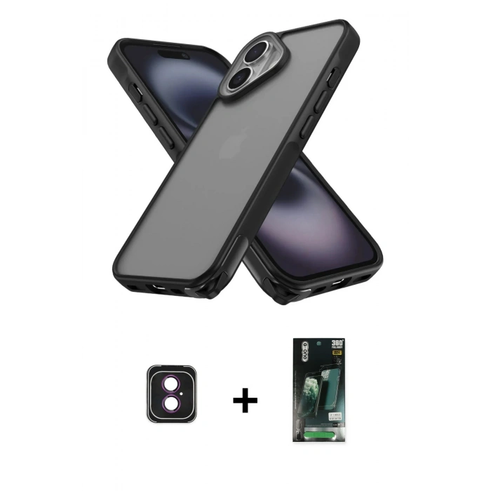 MARSİLYAN™- iPhone 16 Kılıf Atlas Form - Siyah 360 Mat Full Body Arka Koruyucu + PVD Metal Kamera Lens - PE