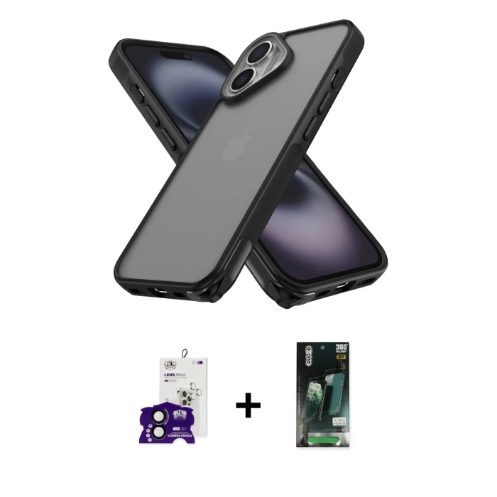 MARSİLYAN™- iPhone 16 Kılıf Atlas Form - Siyah 360 Mat Full Body Arka Koruyucu + Bilvis Titan Kamera Lens - SH