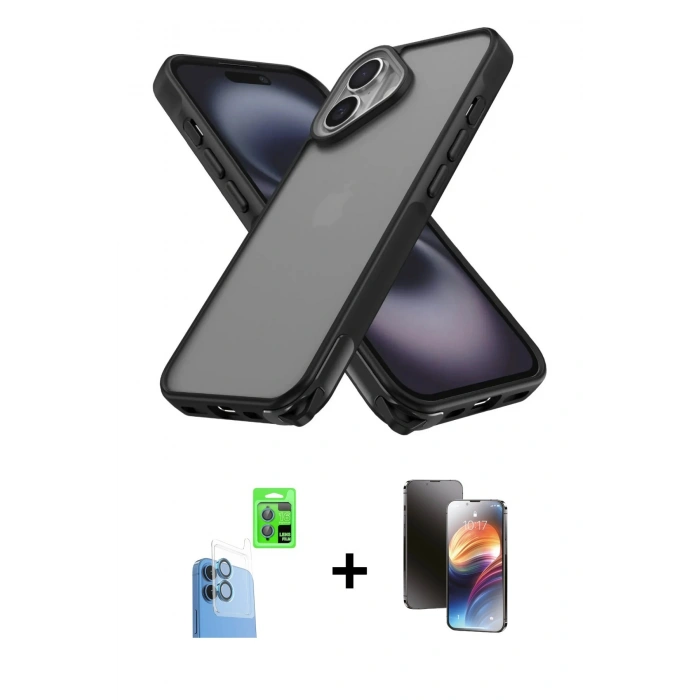 MARSİLYAN™- iPhone 16 Kılıf Atlas Form - Siyah 3D Antistatik Mat Seramik Nano Ekran Koruyucu + Raze Metal Kamera Lens - LT