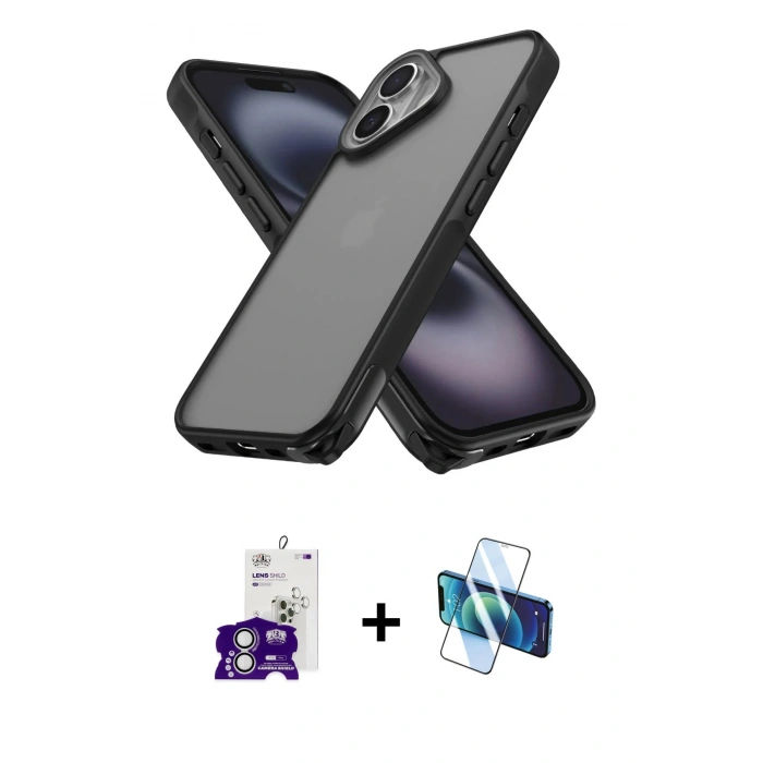 MARSİLYAN™- iPhone 16 Kılıf Atlas Form - Siyah 3D Antistatik Seramik Nano Ekran Koruyucu + Bilvis Titan Kamera Lens - GS
