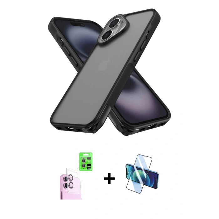 MARSİLYAN™- iPhone 16 Kılıf Atlas Form - Siyah 3D Antistatik Seramik Nano Ekran Koruyucu + Raze Metal Kamera Lens - PE