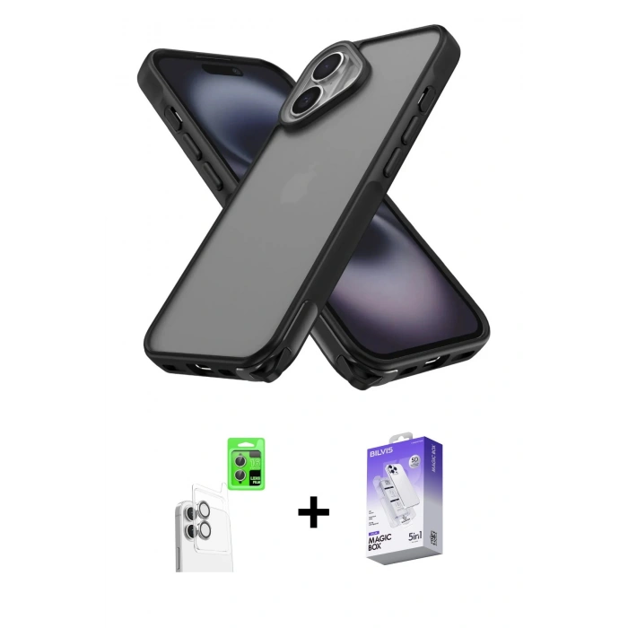 MARSİLYAN™- iPhone 16 Kılıf Atlas Form - Siyah Bilvis 5in1 3D Magic Cam Ekran Koruyucu + Raze Metal Kamera Lens - BZ