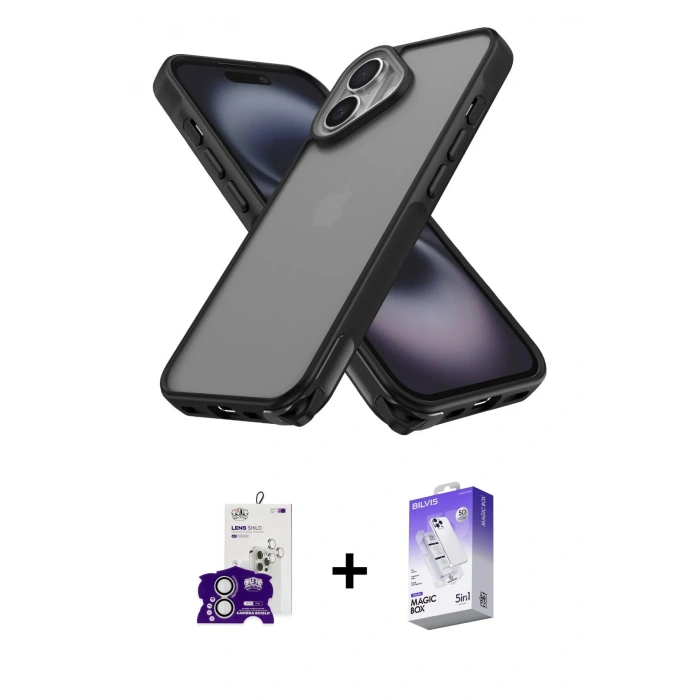 MARSİLYAN™- iPhone 16 Kılıf Atlas Form - Siyah Bilvis 5in1 3D Magic Cam Ekran Koruyucu + Bilvis Titan Kamera Lens - GS