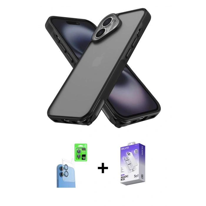 MARSİLYAN™- iPhone 16 Kılıf Atlas Form - Siyah Bilvis 5in1 3D Magic Cam Ekran Koruyucu + Raze Metal Kamera Lens - LT