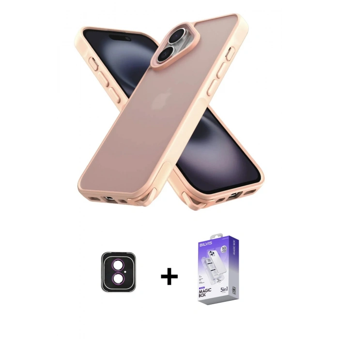 MARSİLYAN™- iPhone 16 Kılıf Atlas Form - Siyah Bilvis 5in1 3D Magic Cam Ekran Koruyucu + PVD Metal Kamera Lens - PE