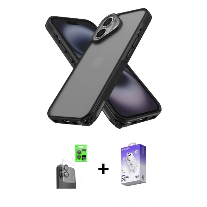 MARSİLYAN™- iPhone 16 Kılıf Atlas Form - Siyah Bilvis 5in1 3D Magic Cam Ekran Koruyucu + Raze Metal Kamera Lens - SH