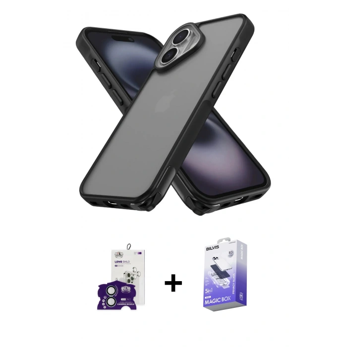 MARSİLYAN™- iPhone 16 Kılıf Atlas Form - Siyah Bilvis 5in1 5D Magic Hayalet Cam Ekran Koruyucu + Bilvis Titan Kamera Lens - YL