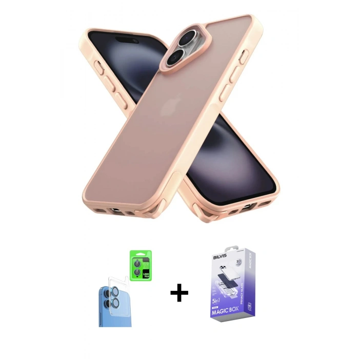 MARSİLYAN™- iPhone 16 Kılıf Atlas Form - Siyah Bilvis 5in1 5D Magic Hayalet Cam Ekran Koruyucu + Raze Metal Kamera Lens - LT