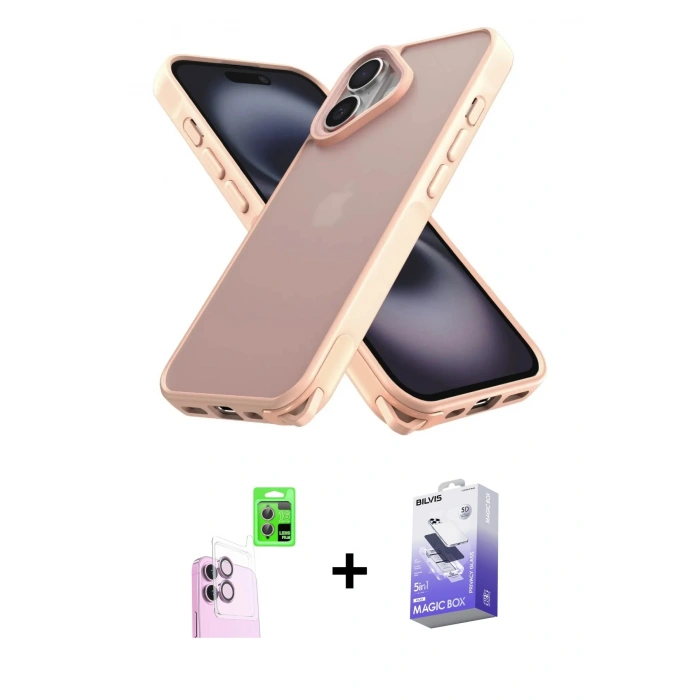 MARSİLYAN™- iPhone 16 Kılıf Atlas Form - Siyah Bilvis 5in1 5D Magic Hayalet Cam Ekran Koruyucu + Raze Metal Kamera Lens - PE