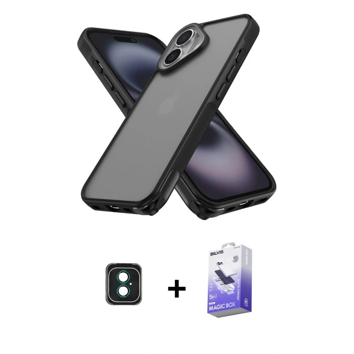 MARSİLYAN™- iPhone 16 Kılıf Atlas Form - Siyah Bilvis 5in1 5D Magic Hayalet Cam Ekran Koruyucu + PVD Metal Kamera Lens - YL