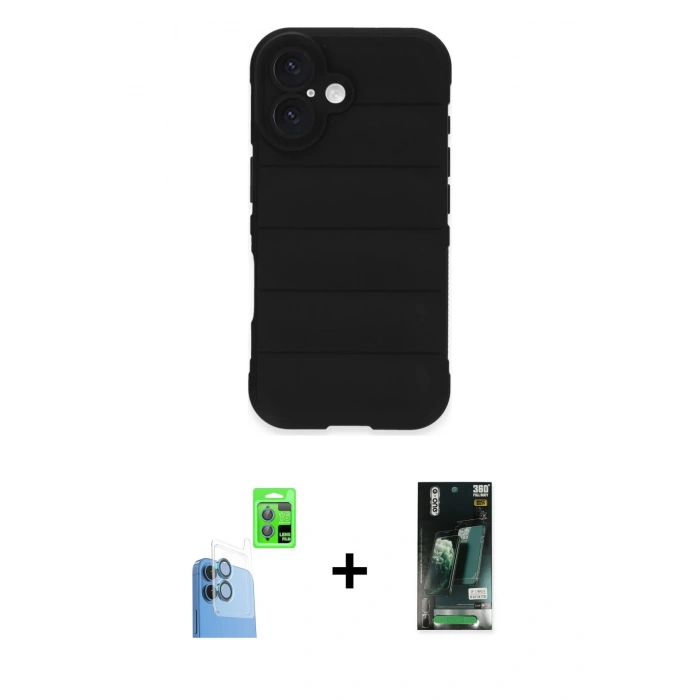 MARSİLYAN™- iPhone 16 Kılıf Atlas Koleksiyonu - Siyah 360 Mat Full Body Arka Koruyucu + Raze Metal Kamera Lens - LT