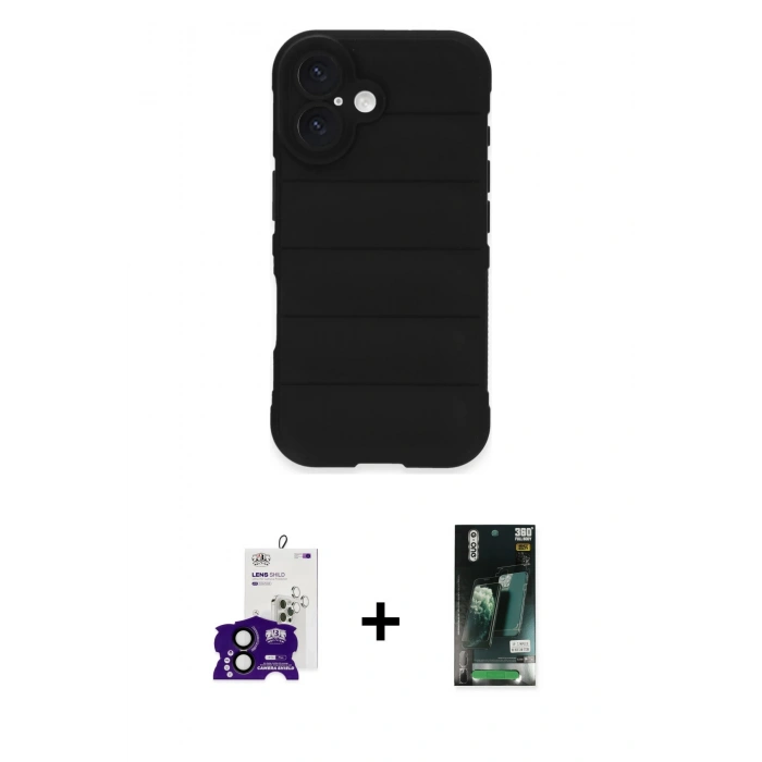 MARSİLYAN™- iPhone 16 Kılıf Atlas Koleksiyonu - Siyah 360 Mat Full Body Arka Koruyucu + Bilvis Titan Kamera Lens - SH