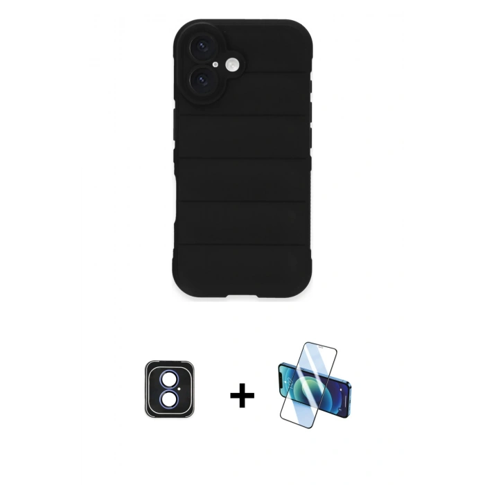 MARSİLYAN™- iPhone 16 Kılıf Atlas Koleksiyonu - Siyah 3D Antistatik Seramik Nano Ekran Koruyucu + PVD Metal Kamera Lens - MI