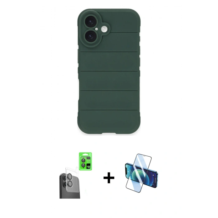 MARSİLYAN™- iPhone 16 Kılıf Atlas Koleksiyonu - Siyah 3D Antistatik Seramik Nano Ekran Koruyucu + Raze Metal Kamera Lens - SH