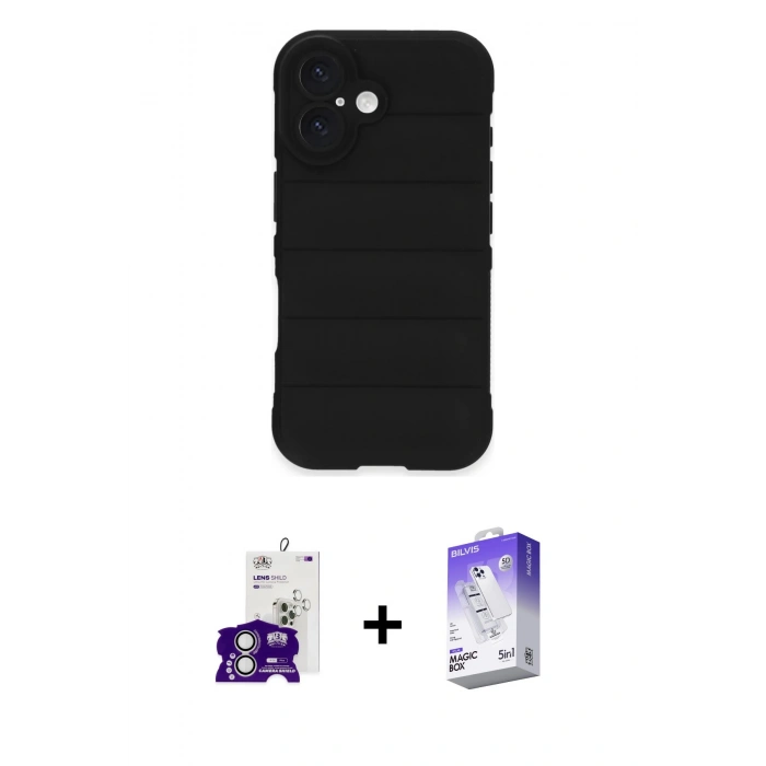 MARSİLYAN™- iPhone 16 Kılıf Atlas Koleksiyonu - Siyah Bilvis 5in1 3D Magic Cam Ekran Koruyucu + Bilvis Titan Kamera Lens - GS