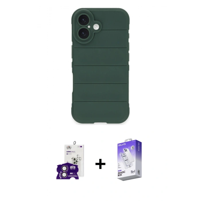 MARSİLYAN™- iPhone 16 Kılıf Atlas Koleksiyonu - Siyah Bilvis 5in1 3D Magic Cam Ekran Koruyucu + Bilvis Titan Kamera Lens - PE