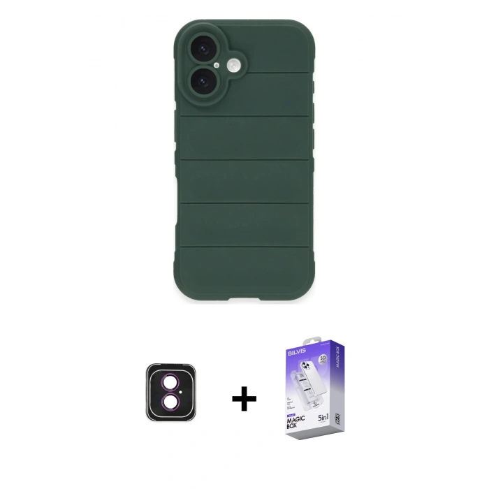 MARSİLYAN™- iPhone 16 Kılıf Atlas Koleksiyonu - Siyah Bilvis 5in1 3D Magic Cam Ekran Koruyucu + PVD Metal Kamera Lens - PE