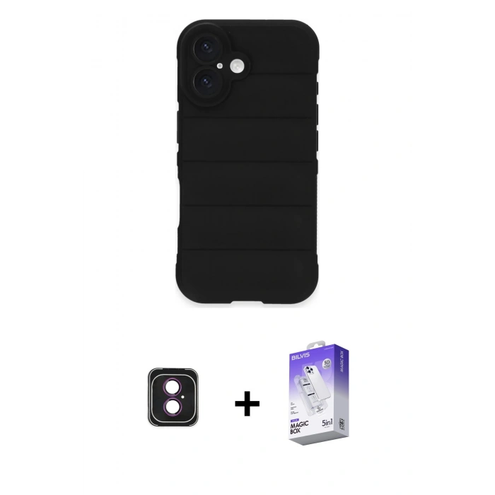 MARSİLYAN™- iPhone 16 Kılıf Atlas Koleksiyonu - Siyah Bilvis 5in1 3D Magic Cam Ekran Koruyucu + PVD Metal Kamera Lens - PE