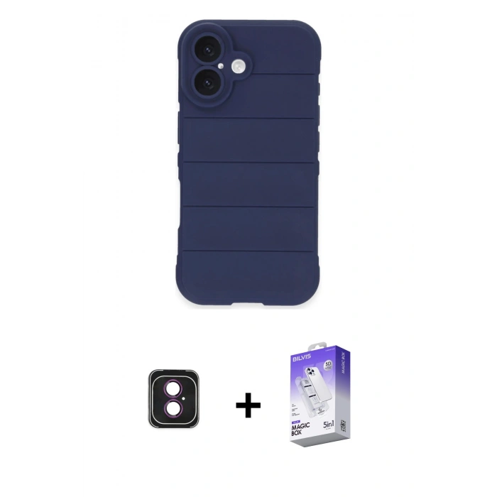 MARSİLYAN™- iPhone 16 Kılıf Atlas Koleksiyonu - Siyah Bilvis 5in1 3D Magic Cam Ekran Koruyucu + PVD Metal Kamera Lens - PE
