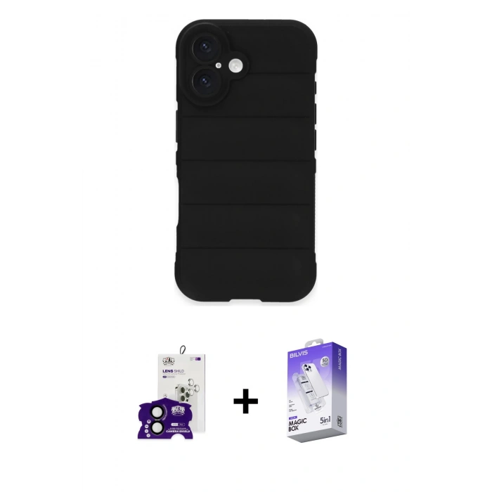 MARSİLYAN™- iPhone 16 Kılıf Atlas Koleksiyonu - Siyah Bilvis 5in1 3D Magic Cam Ekran Koruyucu + Bilvis Titan Kamera Lens - SH