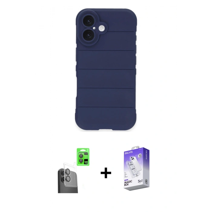 MARSİLYAN™- iPhone 16 Kılıf Atlas Koleksiyonu - Siyah Bilvis 5in1 3D Magic Cam Ekran Koruyucu + Raze Metal Kamera Lens - SH