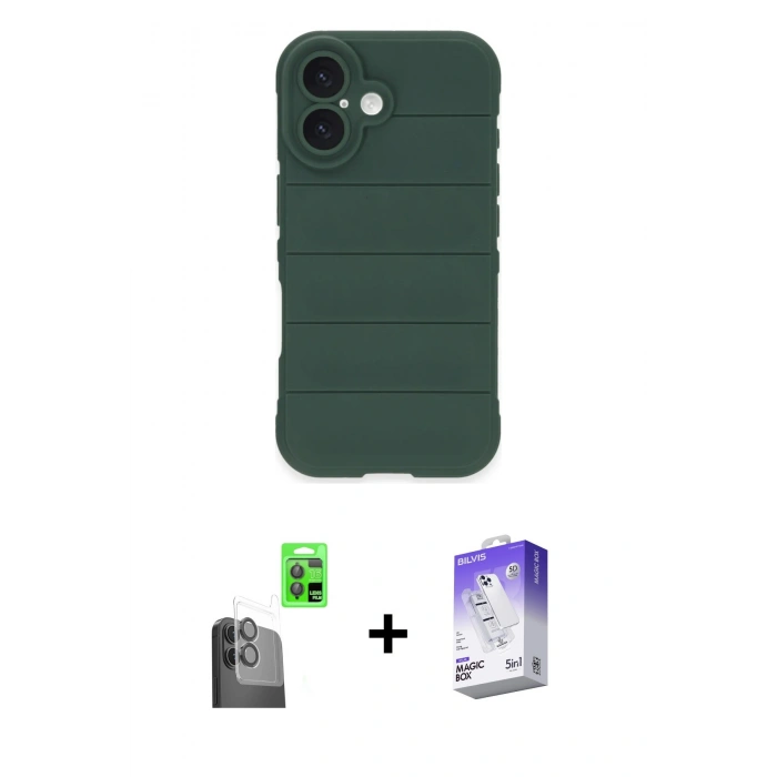 MARSİLYAN™- iPhone 16 Kılıf Atlas Koleksiyonu - Siyah Bilvis 5in1 3D Magic Cam Ekran Koruyucu + Raze Metal Kamera Lens - SH