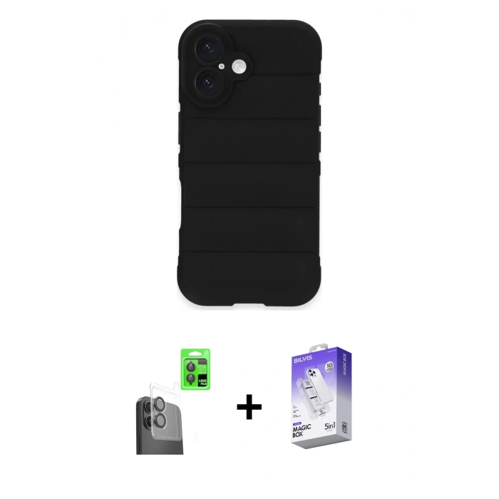 MARSİLYAN™- iPhone 16 Kılıf Atlas Koleksiyonu - Siyah Bilvis 5in1 3D Magic Cam Ekran Koruyucu + Raze Metal Kamera Lens - SH