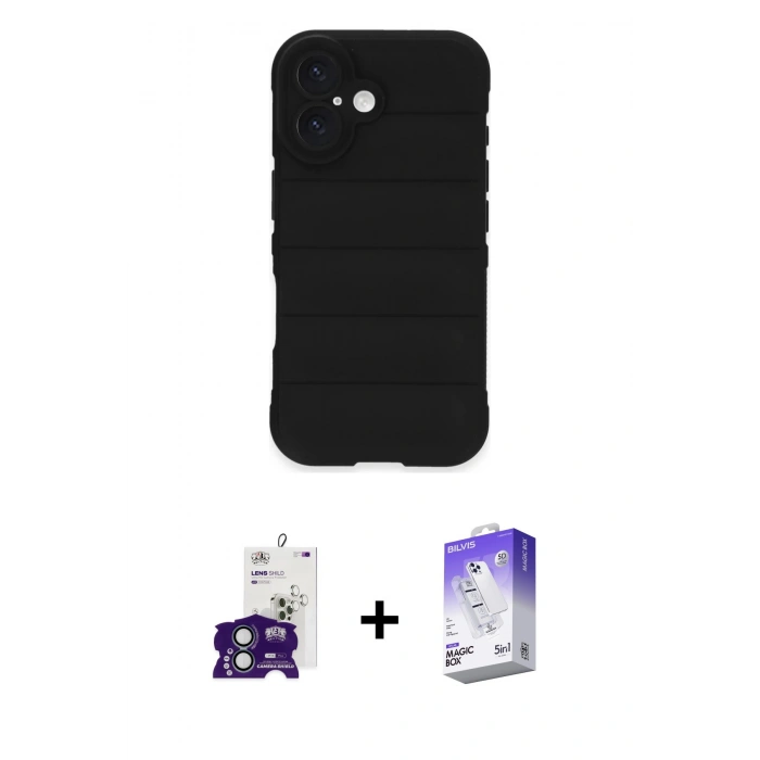 MARSİLYAN™- iPhone 16 Kılıf Atlas Koleksiyonu - Siyah Bilvis 5in1 3D Magic Cam Ekran Koruyucu + Bilvis Titan Kamera Lens - YL