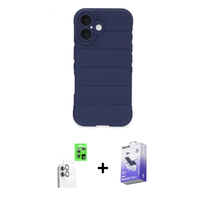 MARSİLYAN™- iPhone 16 Kılıf Atlas Koleksiyonu - Siyah Bilvis 5in1 5D Magic Hayalet Cam Ekran Koruyucu + Raze Metal Kamera Lens - BZ