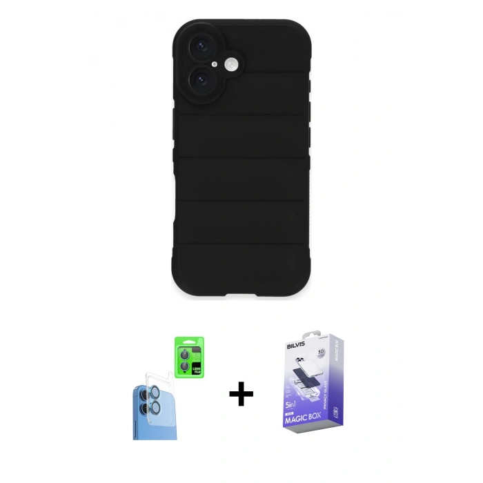 MARSİLYAN™- iPhone 16 Kılıf Atlas Koleksiyonu - Siyah Bilvis 5in1 5D Magic Hayalet Cam Ekran Koruyucu + Raze Metal Kamera Lens - LT