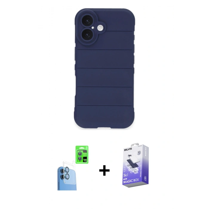 MARSİLYAN™- iPhone 16 Kılıf Atlas Koleksiyonu - Siyah Bilvis 5in1 5D Magic Hayalet Cam Ekran Koruyucu + Raze Metal Kamera Lens - LT