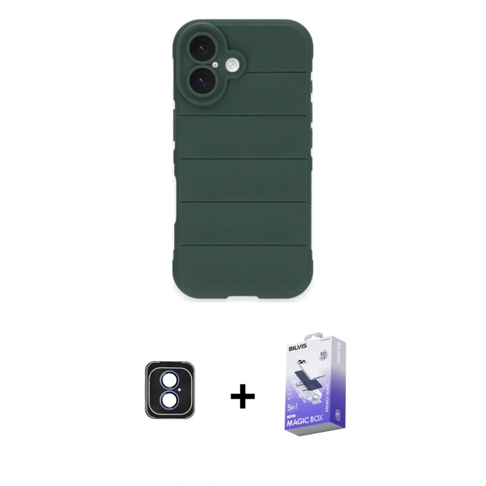 MARSİLYAN™- iPhone 16 Kılıf Atlas Koleksiyonu - Siyah Bilvis 5in1 5D Magic Hayalet Cam Ekran Koruyucu + PVD Metal Kamera Lens - MI
