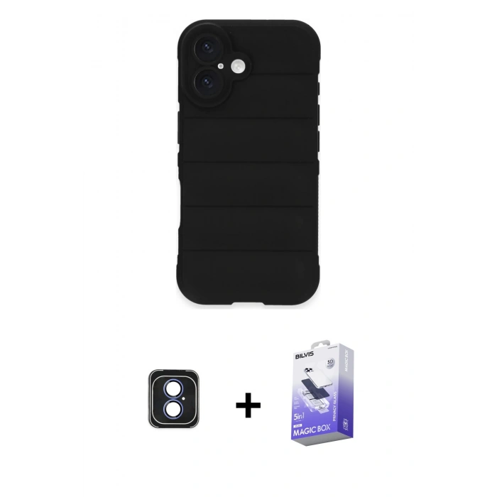 MARSİLYAN™- iPhone 16 Kılıf Atlas Koleksiyonu - Siyah Bilvis 5in1 5D Magic Hayalet Cam Ekran Koruyucu + PVD Metal Kamera Lens - MI