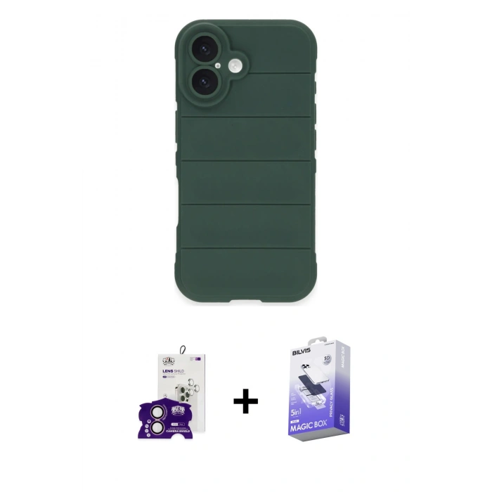 MARSİLYAN™- iPhone 16 Kılıf Atlas Koleksiyonu - Siyah Bilvis 5in1 5D Magic Hayalet Cam Ekran Koruyucu + Bilvis Titan Kamera Lens - PE