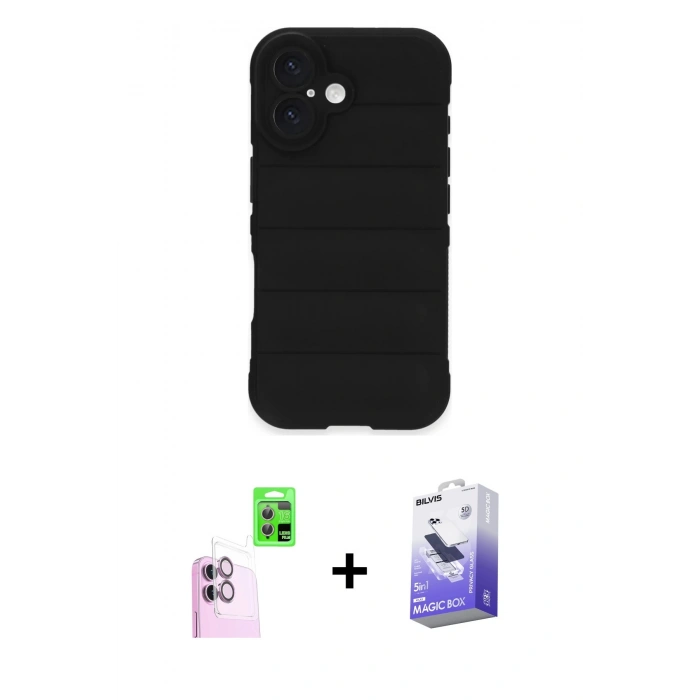 MARSİLYAN™- iPhone 16 Kılıf Atlas Koleksiyonu - Siyah Bilvis 5in1 5D Magic Hayalet Cam Ekran Koruyucu + Raze Metal Kamera Lens - PE
