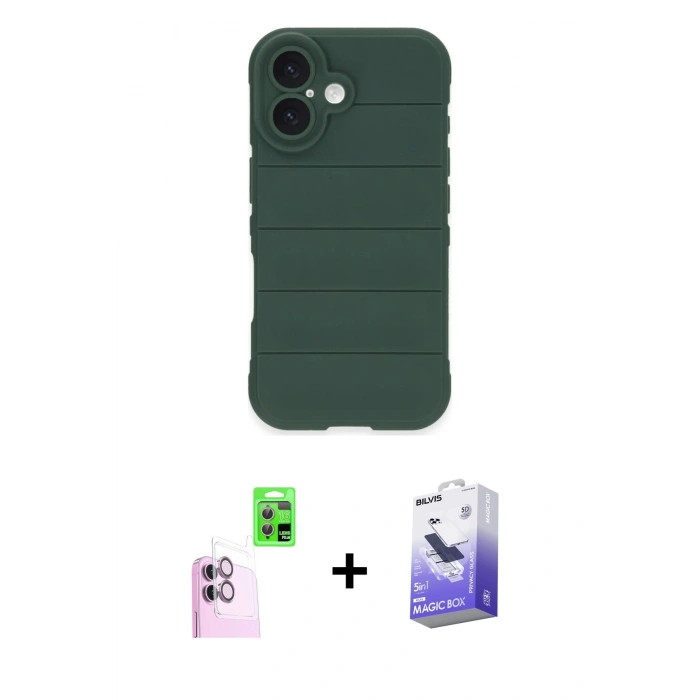 MARSİLYAN™- iPhone 16 Kılıf Atlas Koleksiyonu - Siyah Bilvis 5in1 5D Magic Hayalet Cam Ekran Koruyucu + Raze Metal Kamera Lens - PE