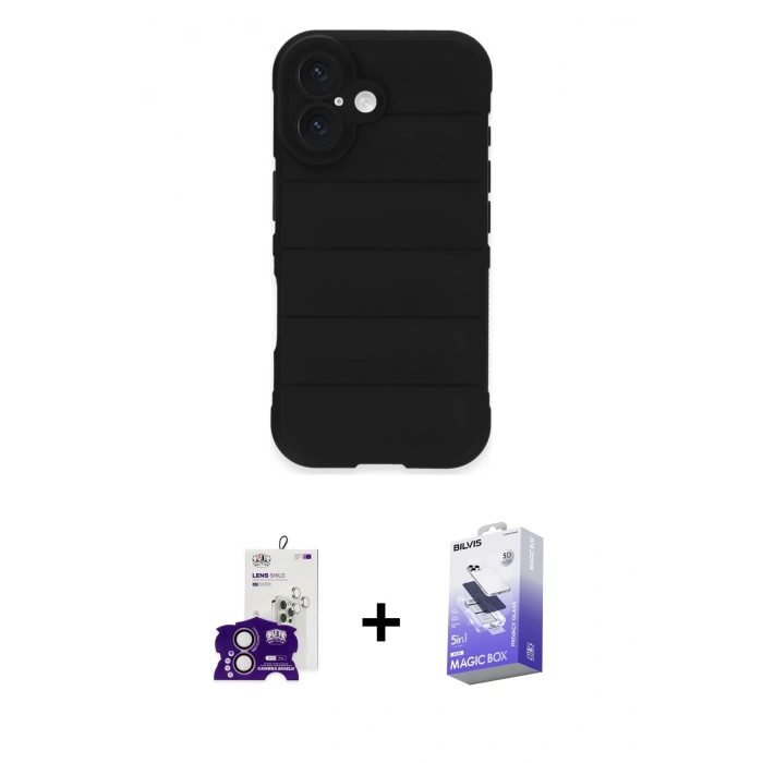 MARSİLYAN™- iPhone 16 Kılıf Atlas Koleksiyonu - Siyah Bilvis 5in1 5D Magic Hayalet Cam Ekran Koruyucu + Bilvis Titan Kamera Lens - PE