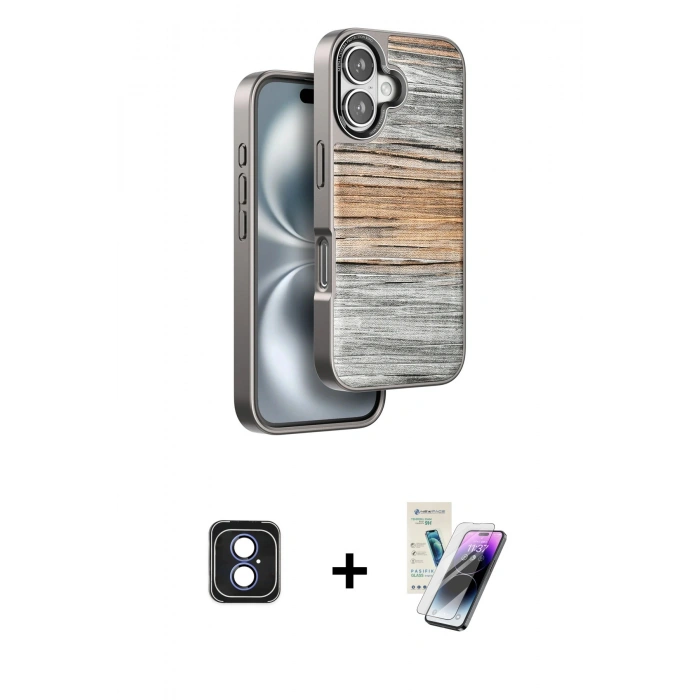 MARSİLYAN™- iPhone 16 Kılıf Atlas Minimal Özel Seri - Şeffaf Pasifik Cam Ekran Koruyucu + PVD Metal Kamera Lens - MI