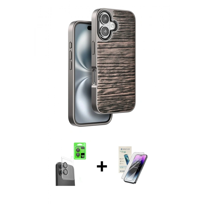 MARSİLYAN™- iPhone 16 Kılıf Atlas Minimal Özel Seri - Şeffaf Pasifik Cam Ekran Koruyucu + Raze Metal Kamera Lens - SH