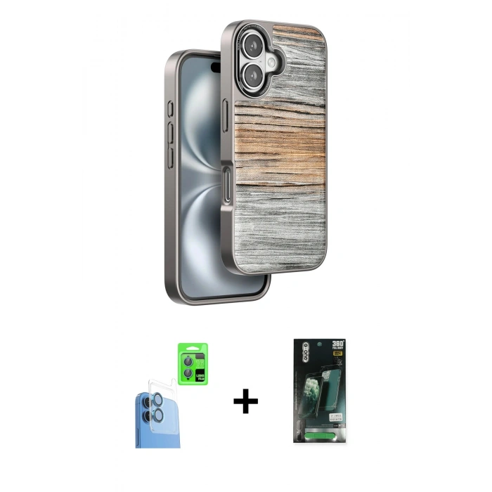 MARSİLYAN™- iPhone 16 Kılıf Atlas Minimal Özel Seri - Siyah 360 Mat Full Body Arka Koruyucu + Lacivert Raze Metal Kamera Lens