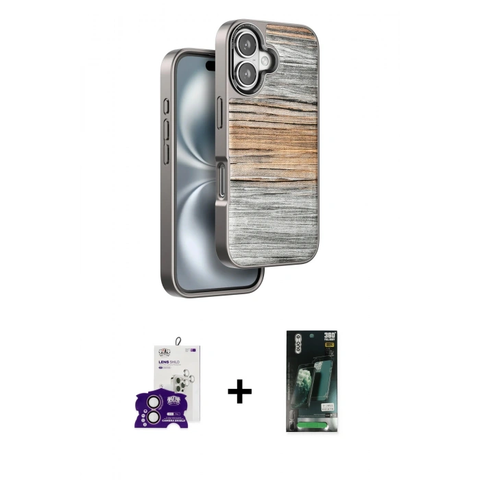 MARSİLYAN™- iPhone 16 Kılıf Atlas Minimal Özel Seri - Siyah 360 Mat Full Body Arka Koruyucu + Bilvis Titan Kamera Lens - PE