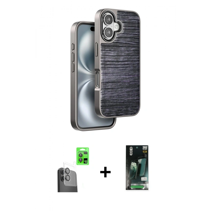 MARSİLYAN™- iPhone 16 Kılıf Atlas Minimal Özel Seri - Siyah 360 Mat Full Body Arka Koruyucu + Raze Metal Kamera Lens - SH