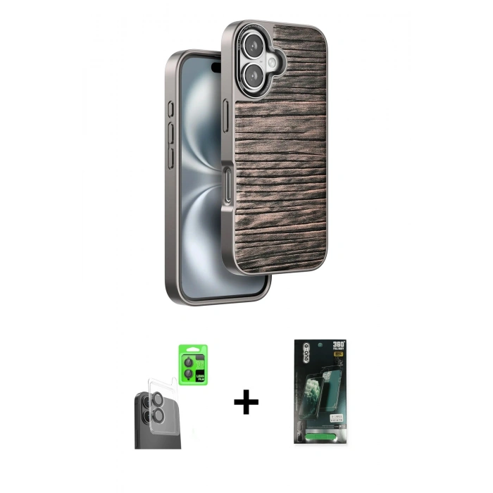 MARSİLYAN™- iPhone 16 Kılıf Atlas Minimal Özel Seri - Siyah 360 Mat Full Body Arka Koruyucu + Raze Metal Kamera Lens - SH