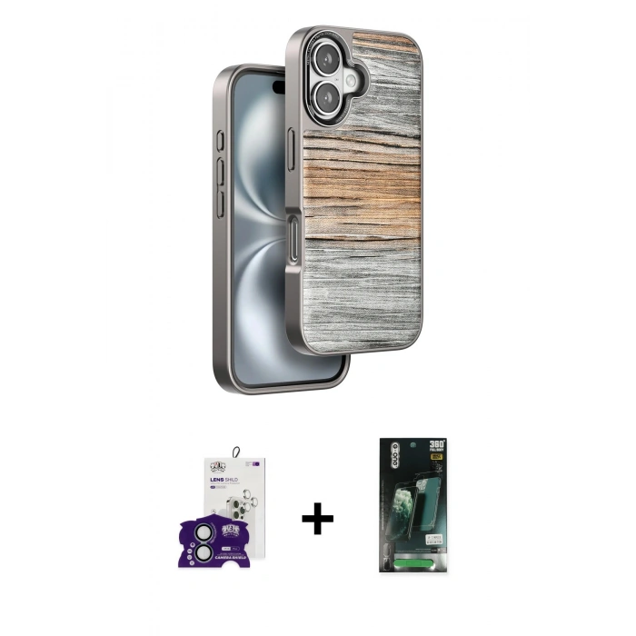 MARSİLYAN™- iPhone 16 Kılıf Atlas Minimal Özel Seri - Siyah 360 Mat Full Body Arka Koruyucu + Bilvis Titan Kamera Lens - YL