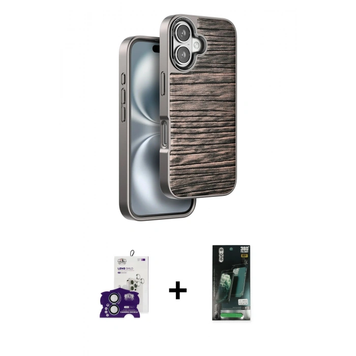 MARSİLYAN™- iPhone 16 Kılıf Atlas Minimal Özel Seri - Siyah 360 Mat Full Body Arka Koruyucu + Bilvis Titan Kamera Lens - YL