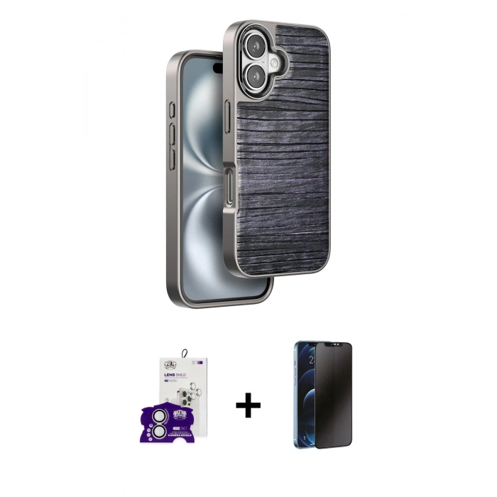 MARSİLYAN™- iPhone 16 Kılıf Atlas Minimal Özel Seri - Siyah 3D Antistatik Hayalet Cam Ekran Koruyucu + Bilvis Titan Kamera Lens - GS