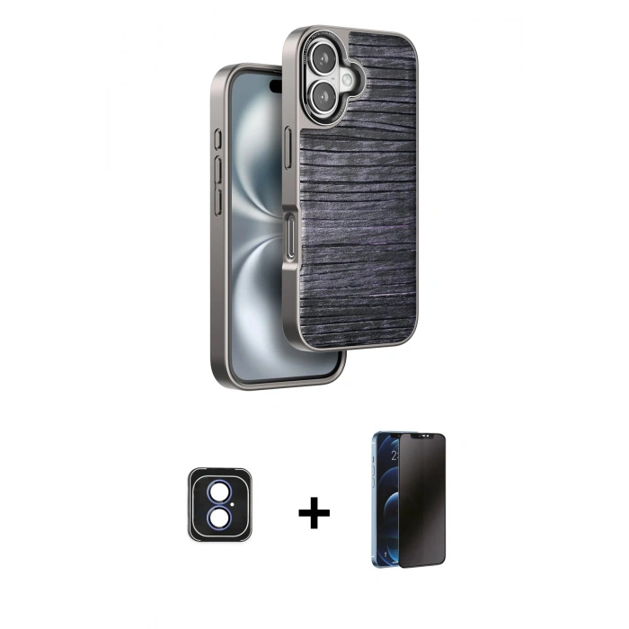 MARSİLYAN™- iPhone 16 Kılıf Atlas Minimal Özel Seri - Siyah 3D Antistatik Hayalet Cam Ekran Koruyucu + PVD Metal Kamera Lens - MI