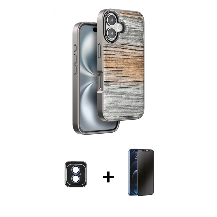 MARSİLYAN™- iPhone 16 Kılıf Atlas Minimal Özel Seri - Siyah 3D Antistatik Hayalet Cam Ekran Koruyucu + PVD Metal Kamera Lens - MI