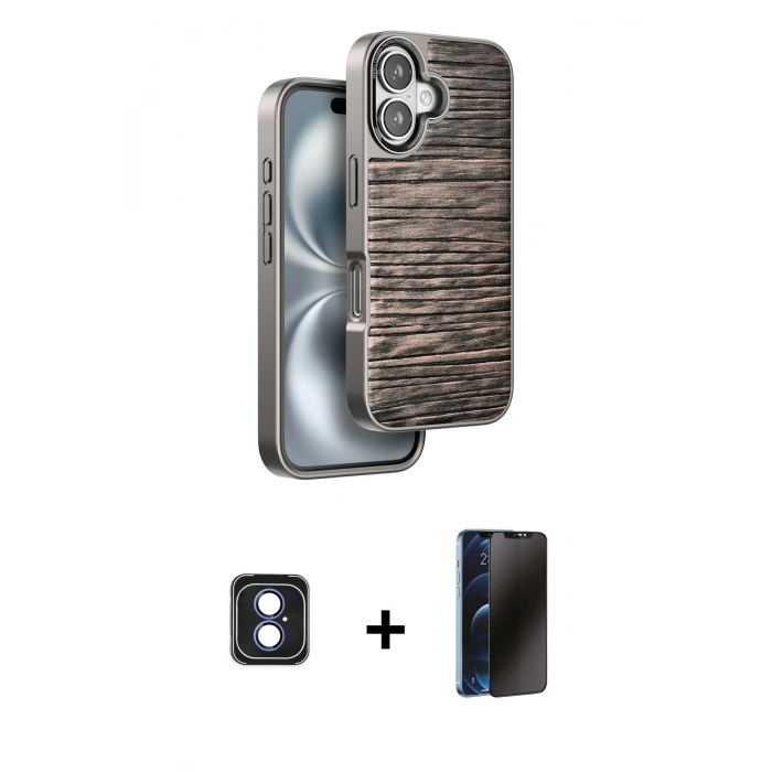 MARSİLYAN™- iPhone 16 Kılıf Atlas Minimal Özel Seri - Siyah 3D Antistatik Hayalet Cam Ekran Koruyucu + PVD Metal Kamera Lens - MI